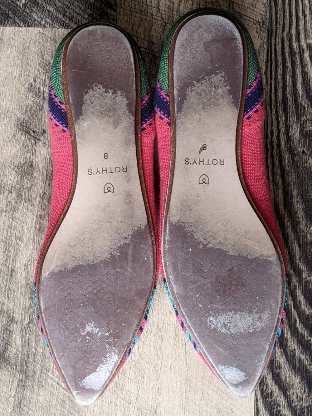 Rothy's Coral Pink Knit Pointed Toe Flats with Turquoise & Green Stripes - Picture 3 of 8